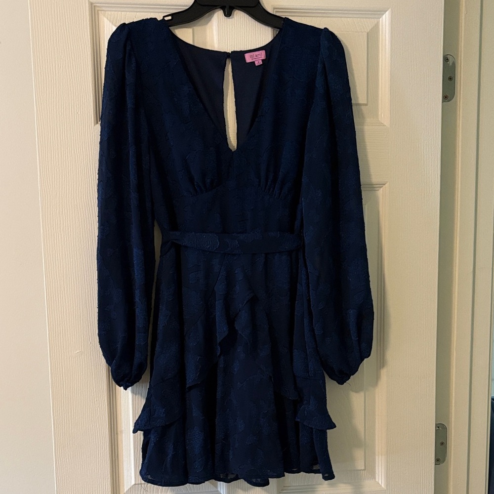 ❤️ Women’s Navy Blue Long Sleeve Ruffle Dress